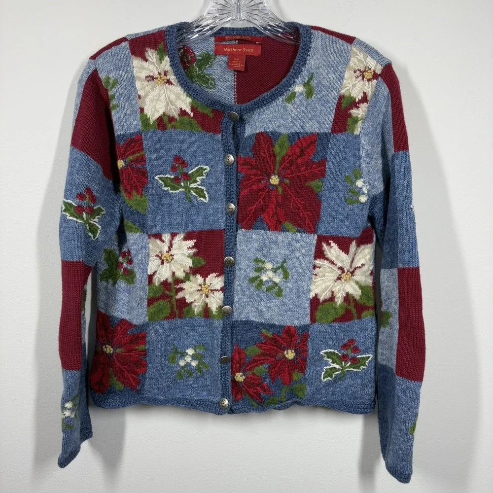 VTG Northern Isles Women‎ Holiday Cardigan Sweater Size S Christmas Poinsettia - Picture 2 of 12